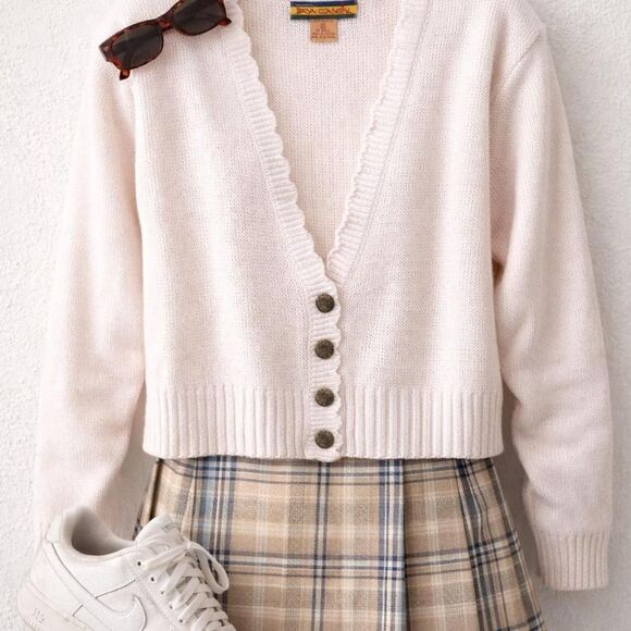 Sweaters - Vintage Bryn Connelly Cardigan Small Cream Gold Button 90s Preppy